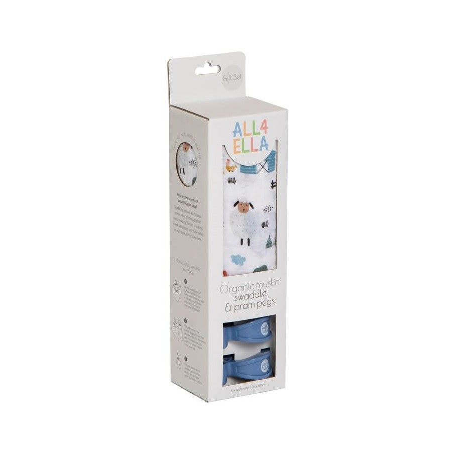 Muslin & 2 Pram Peg Gift Set- Barnyard