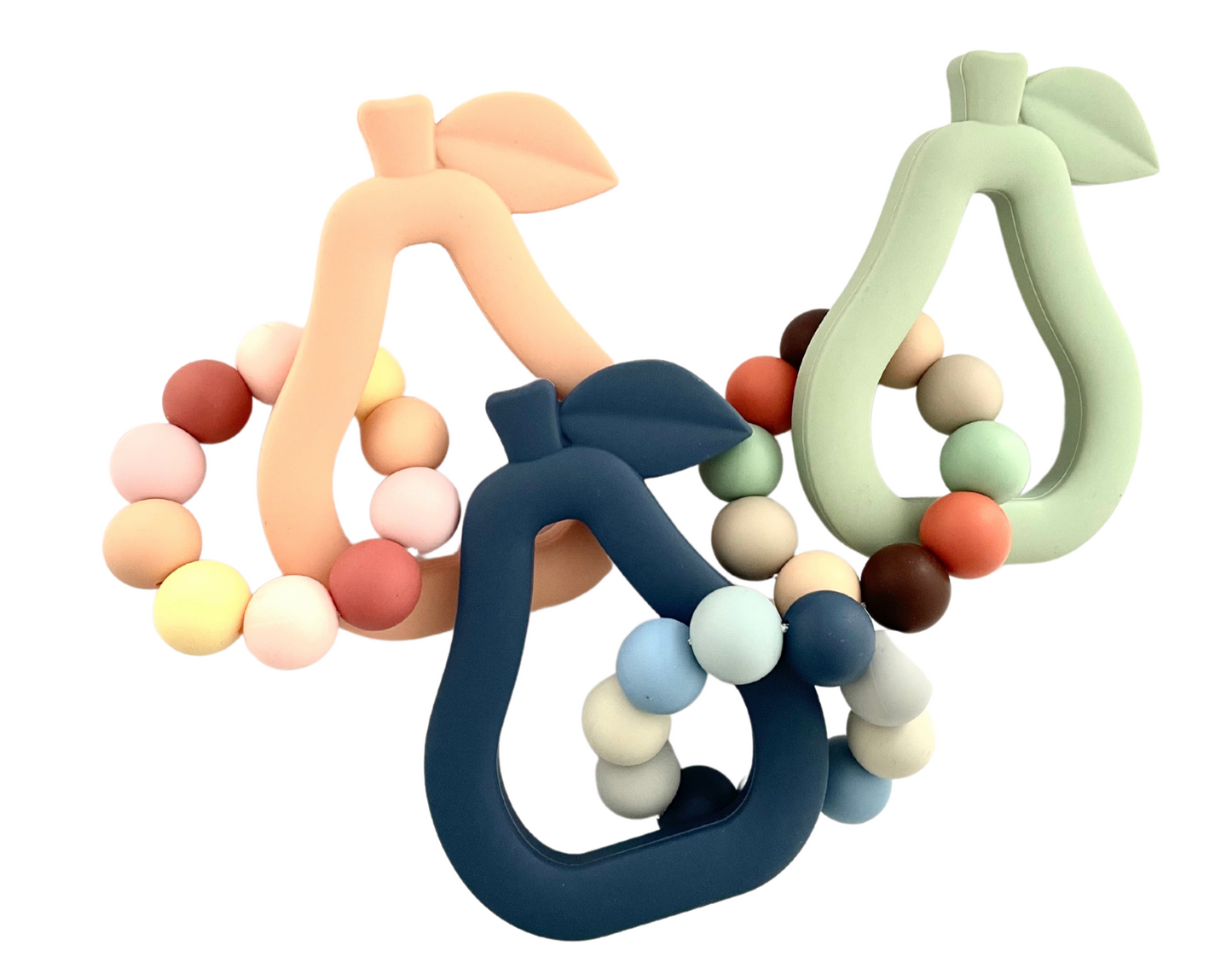 Silicone Pear with Ring Teether Duo : Navy Pear - Grey & Blue Rainbow
