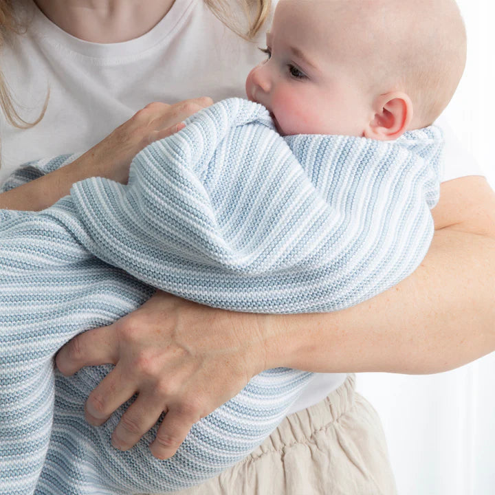 Cotton Knit Blanket - Blue Stripe