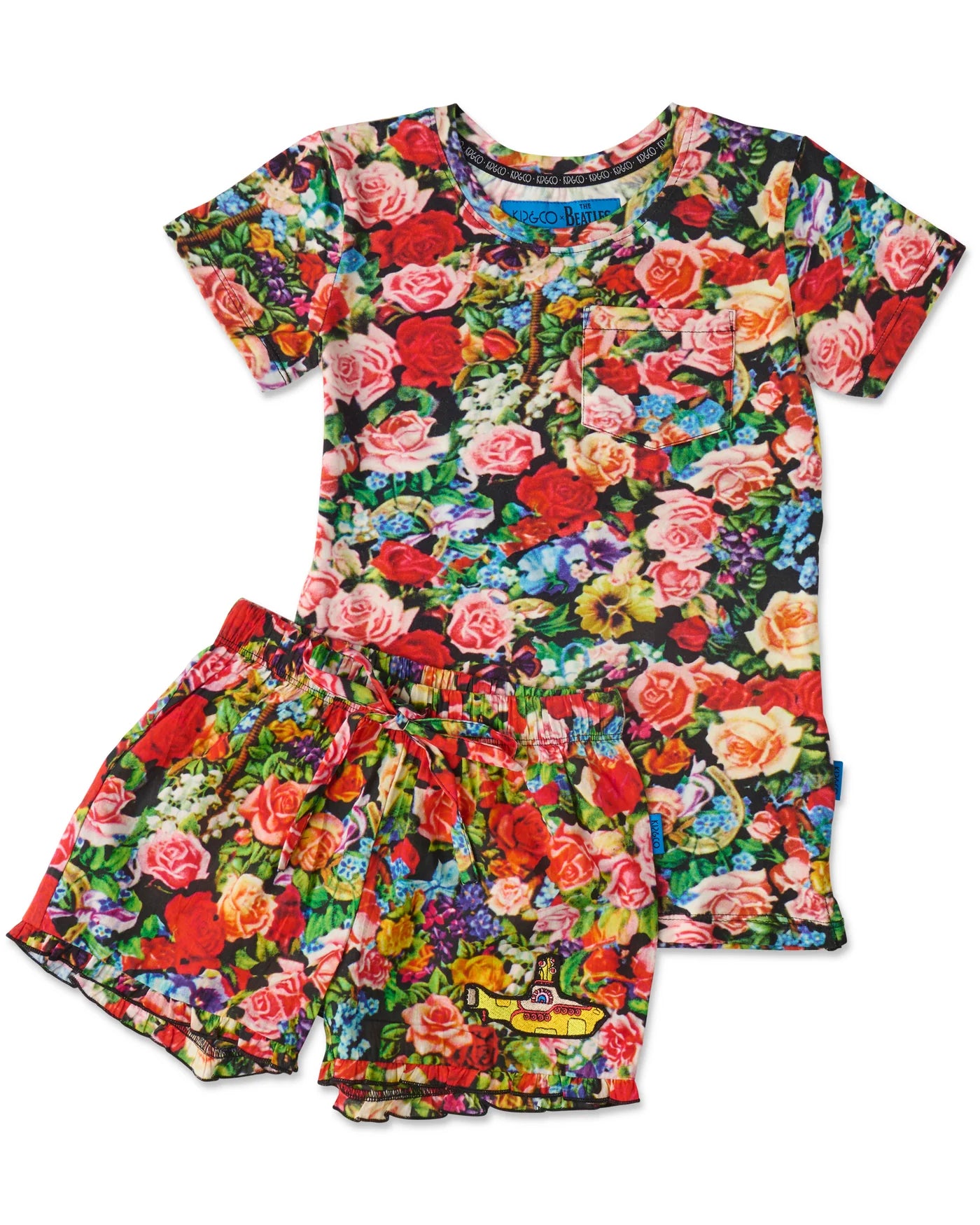 Kip&Co x The Beatles Pepperland Roses Kids Short Sleeve Top and Frill Short Pyjama Set