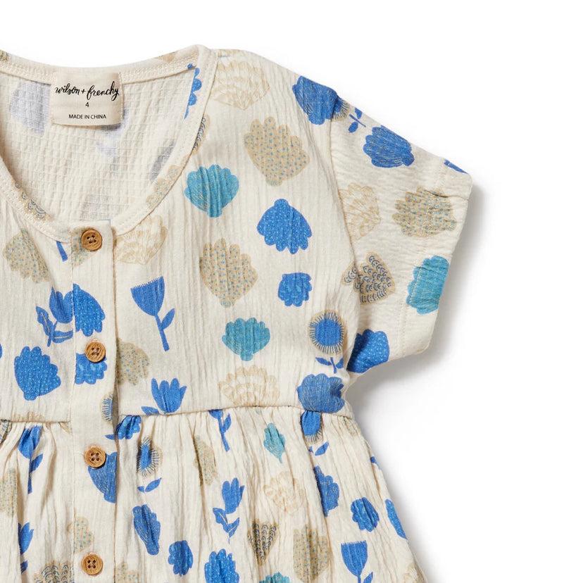 Crinkle Button Dress - Ocean Breeze