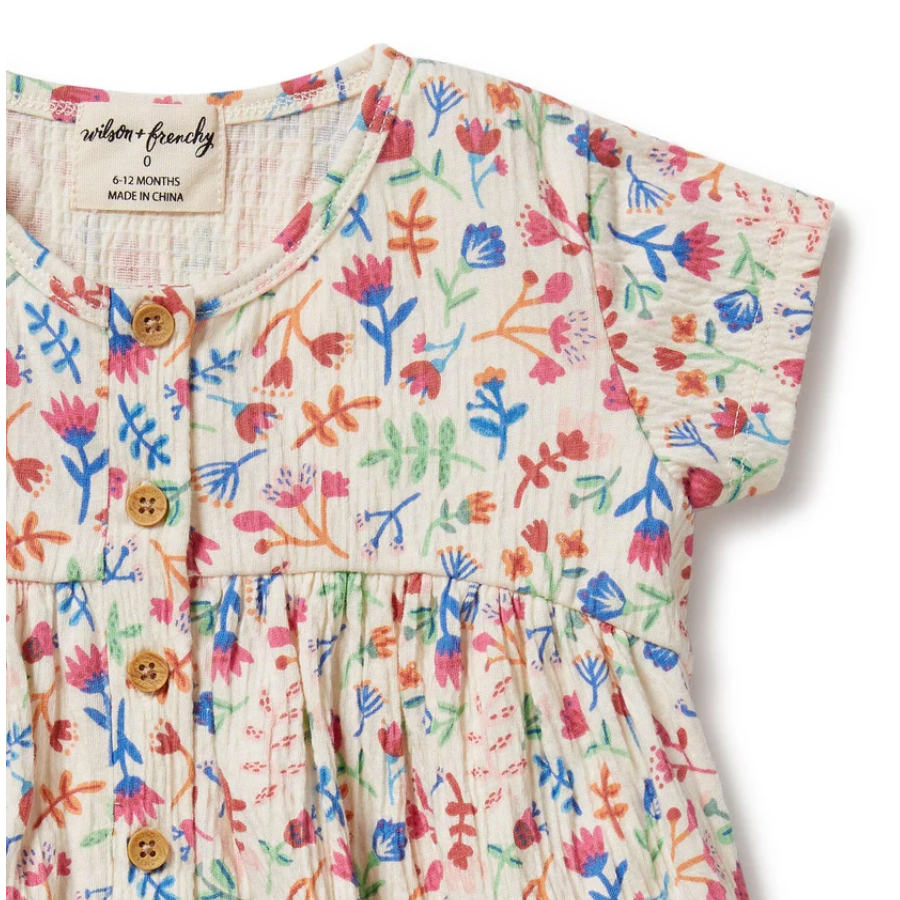 Crinkle Button Dress - Tropical Garden
